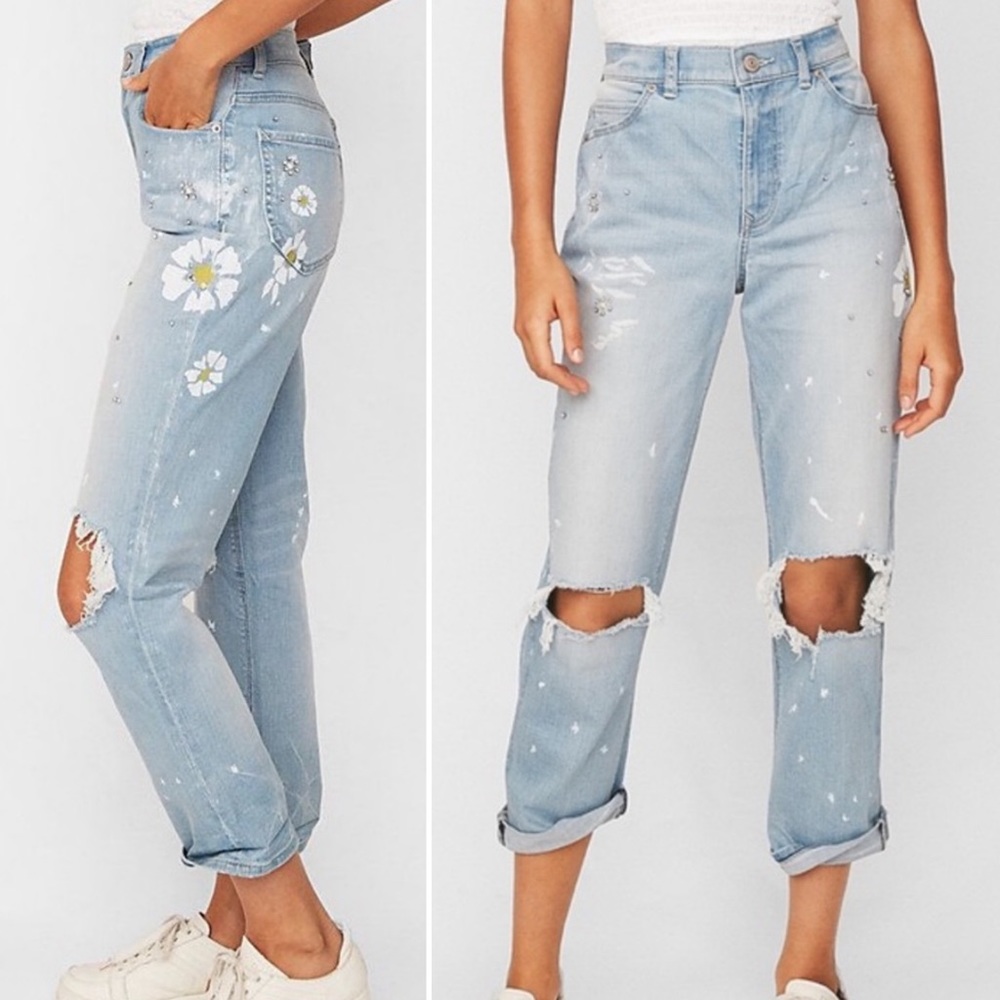 NEW Express Floral High Rise Girlfriend Jeans